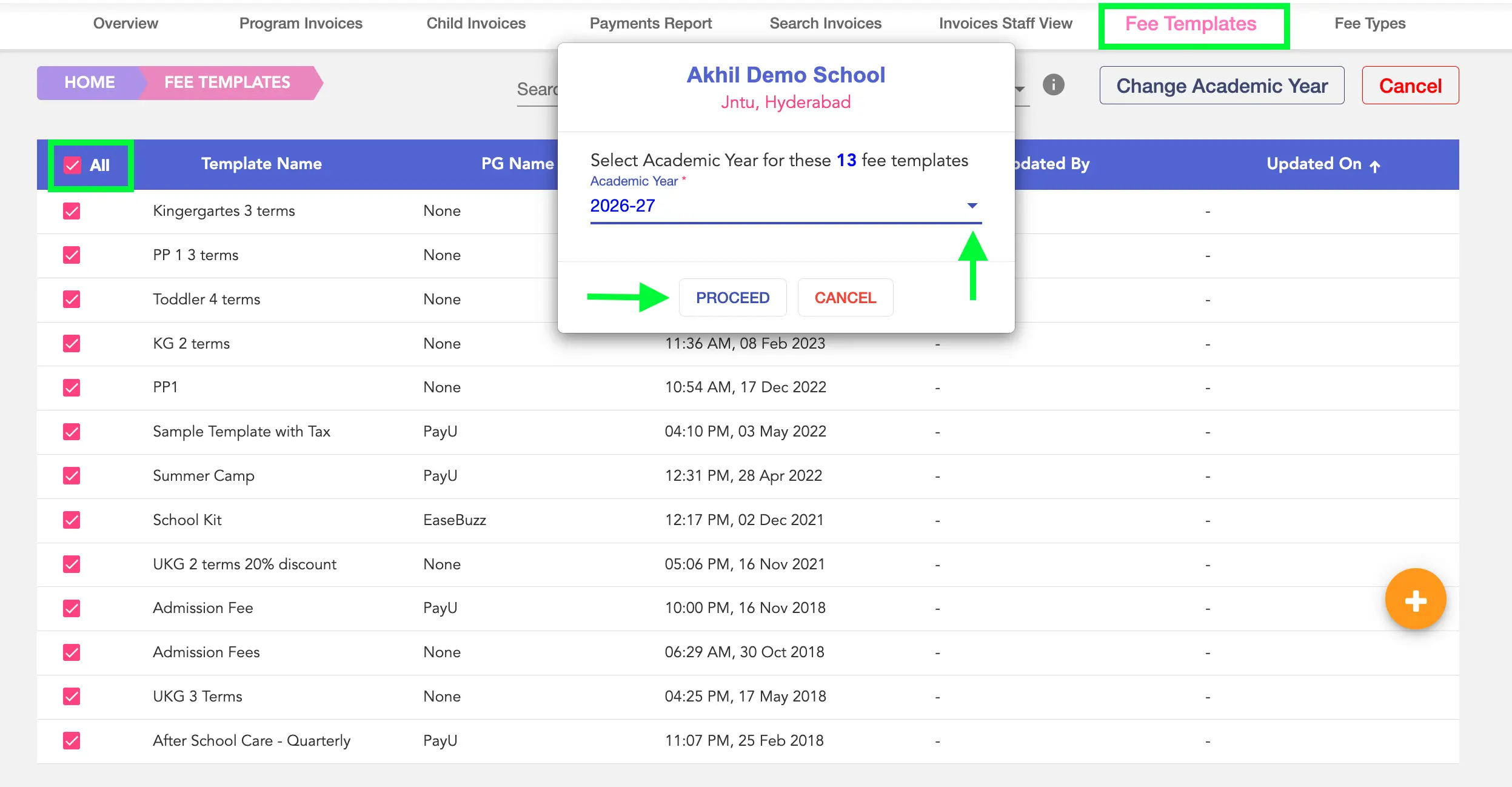 AY Change in fee templates