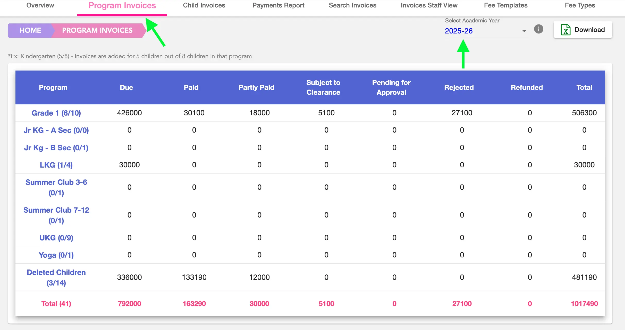 Academic Year dropdown on Fee Invoices  Web