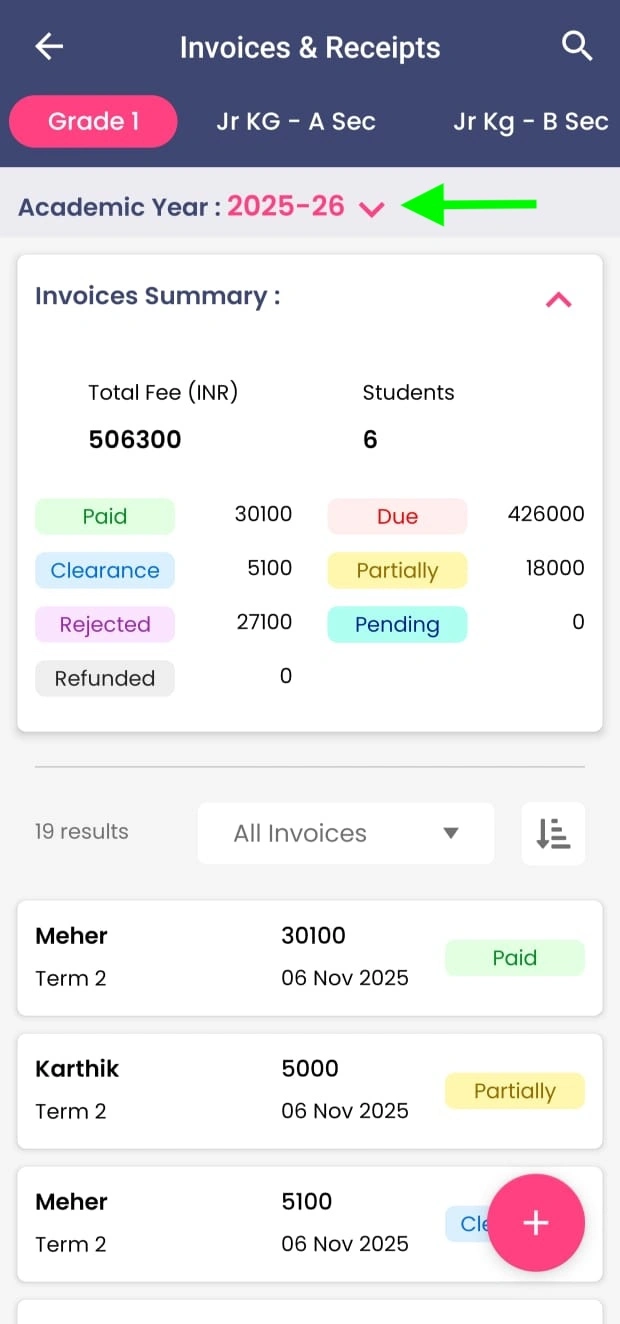 Academic Year dropdown on Fee Invoices Mobile