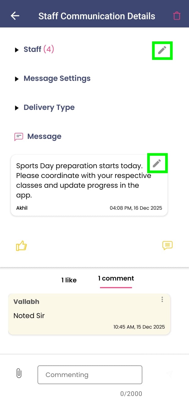 Edit options on a sent message