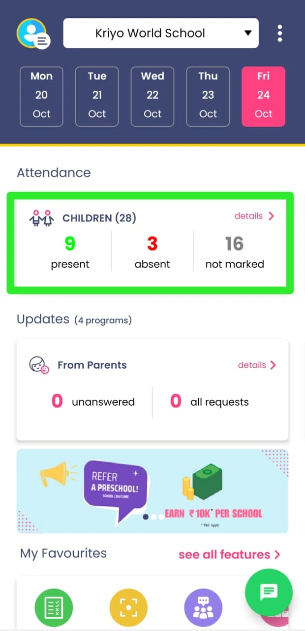 Homepage attendance dashboard