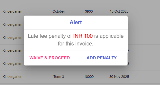 Late fee penalty pop up web