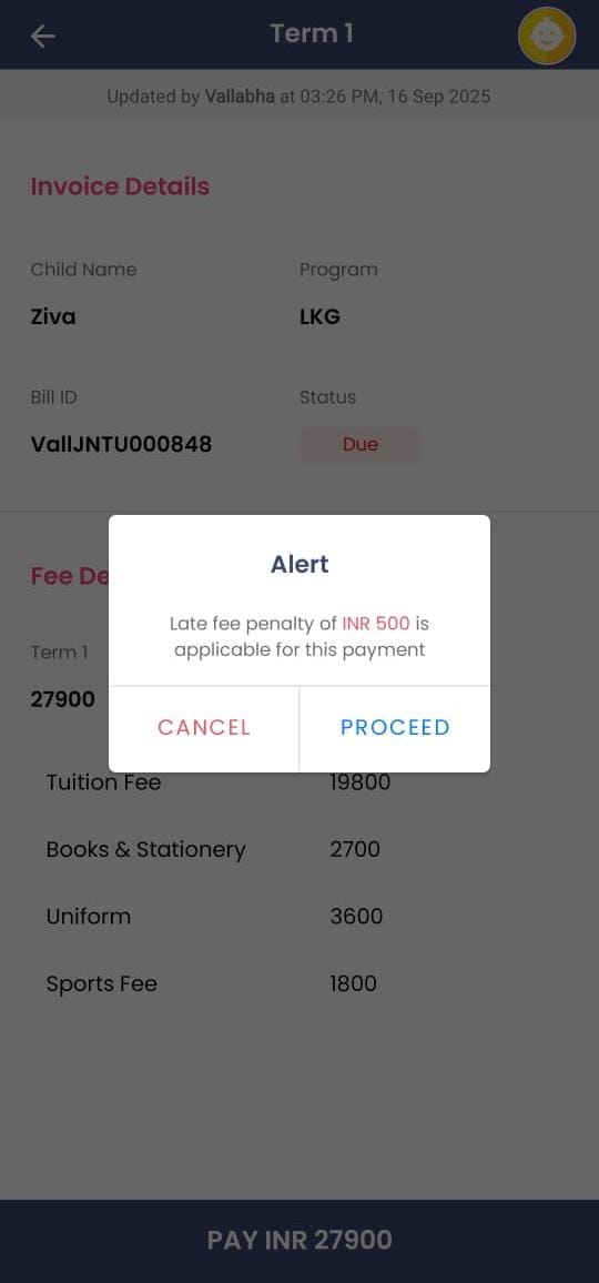 Late fee popup in parent app