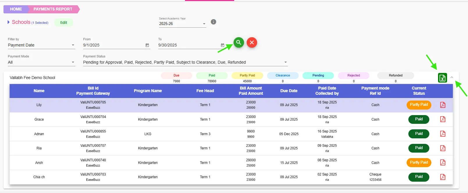 Payment reports download button ss web