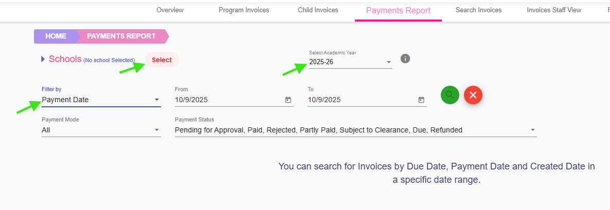 Payment reports filter web