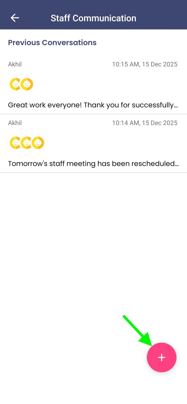Staff Communication landing screen showing conversation list