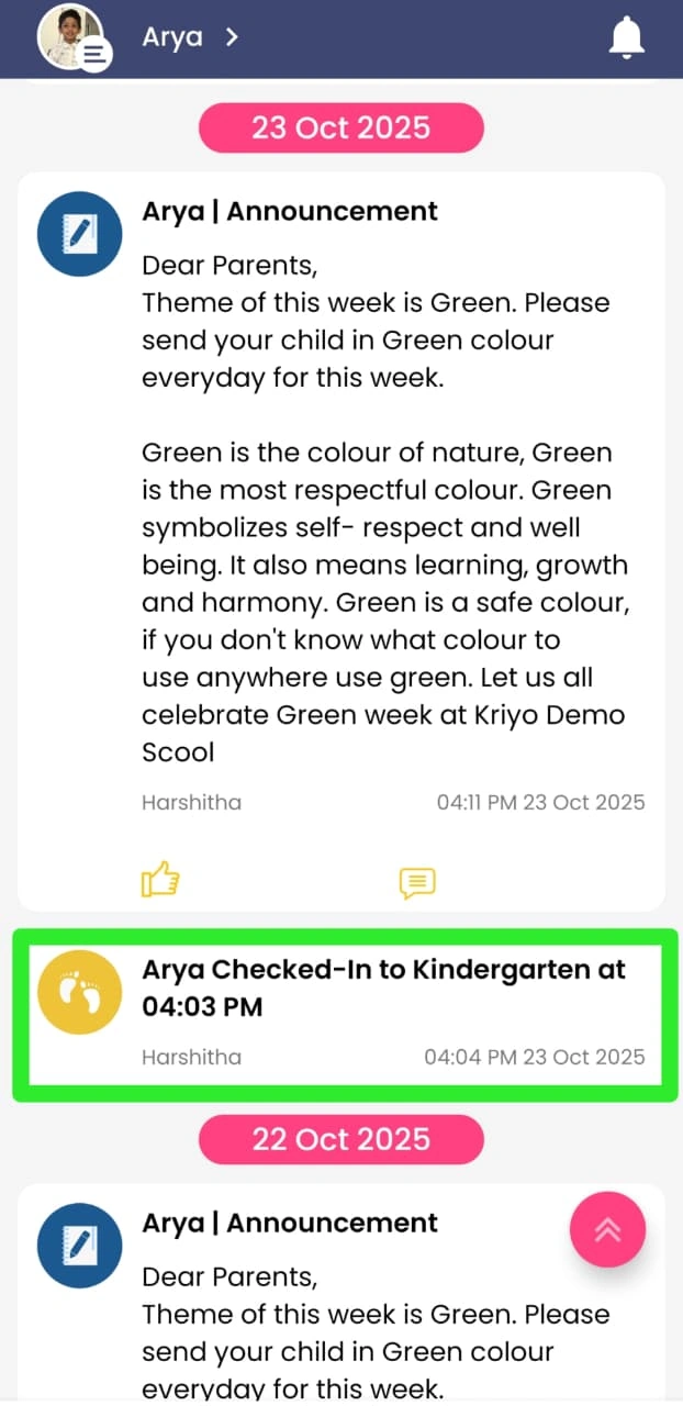 Attendance update in Parent app
