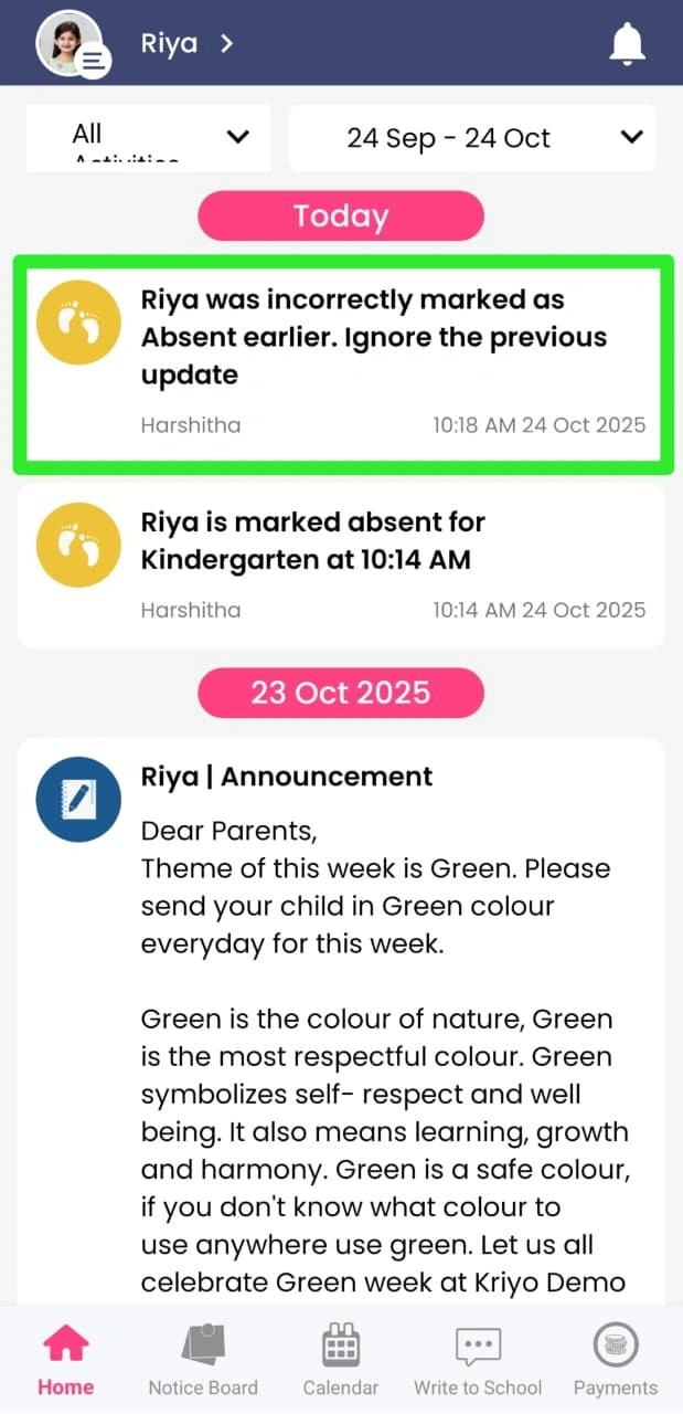Corrected attendance message in parent app