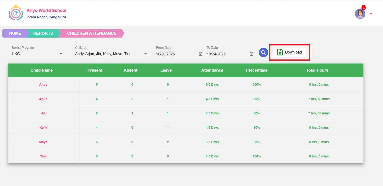 Download button highlighted for attendance report