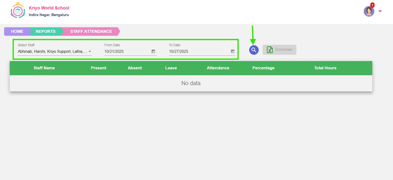 Filter options in staff attendance reports