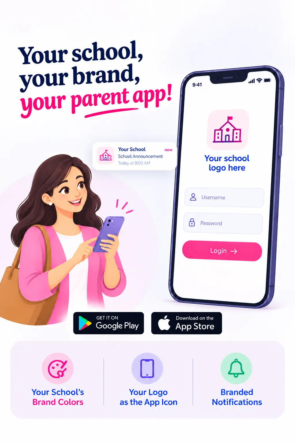White-label Kriyo parent app showing a preschool's own logo, name and colors